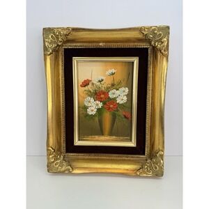 Floral Still Life Oil Painting In Ornate Gold Frame Daisy's & Red Flowers 11"x9"
